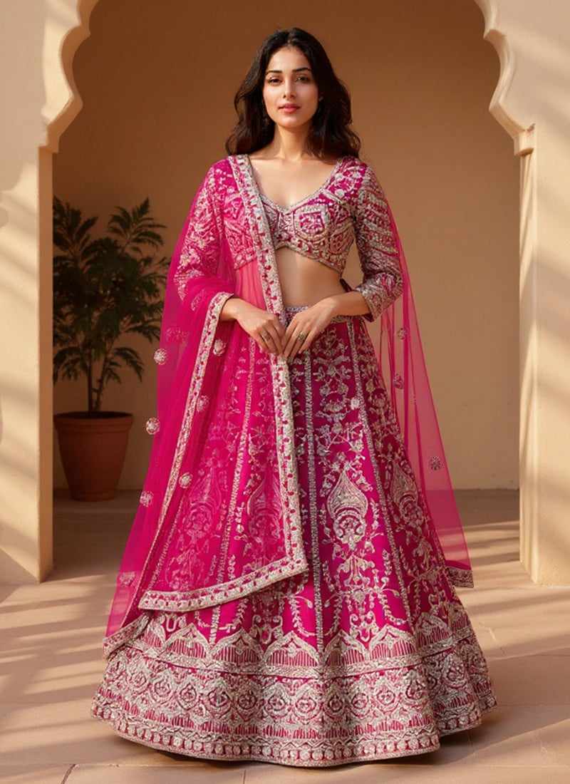 Pink Net Lehenga With Embroidery And Sequins Work Wedding Wear