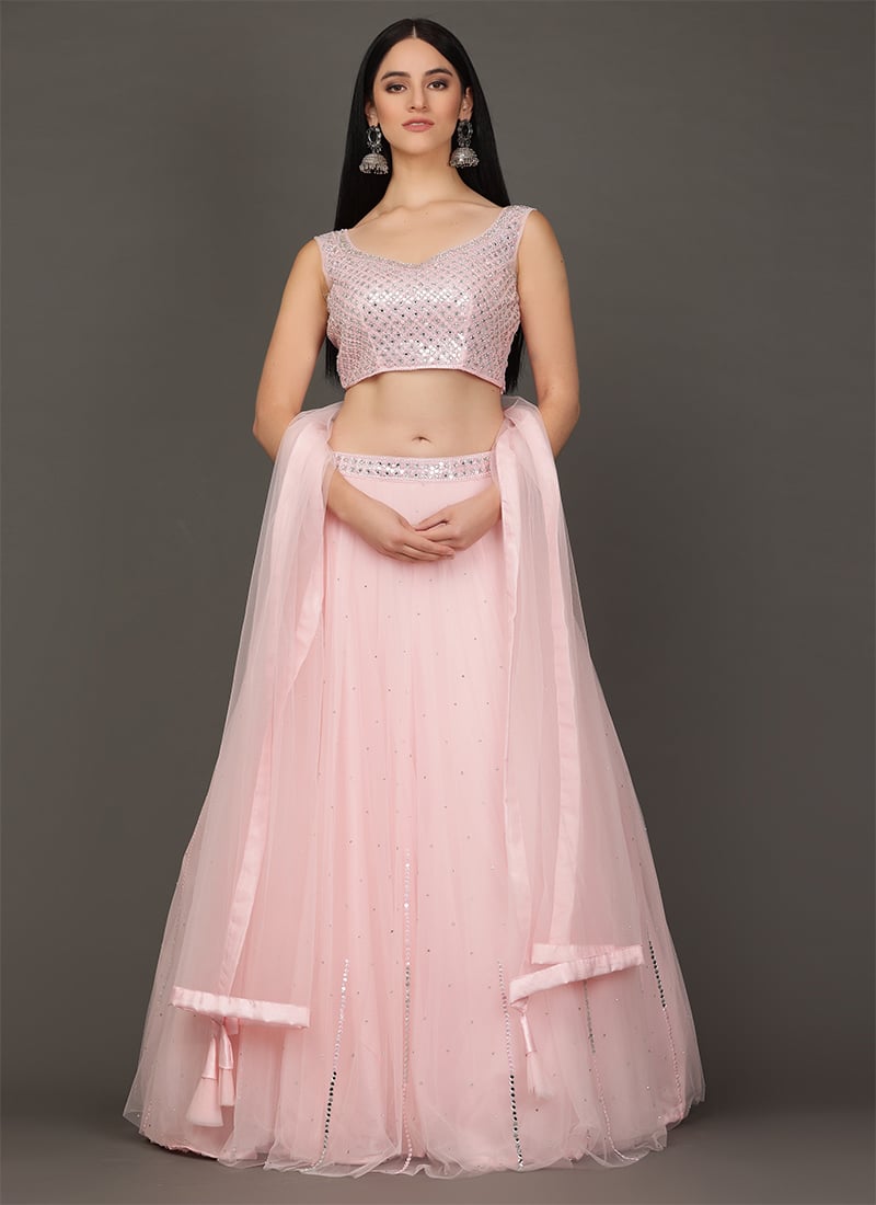 Pink Net Mirror N Sequins Hand Embroidered Umbrella Lehenga