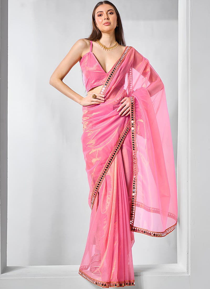 Pink Net Mirror Work Saree After Six Wear