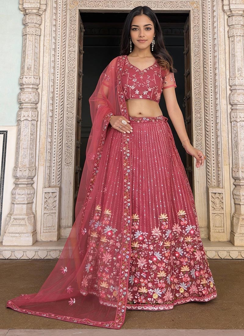 Pink Net Sequins Embroidered A Line Lehenga Wedding Wear