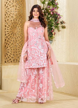 Pink Net Sequins Embroidered Palazzo Suit