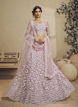 Pink Net Sequins Embroidered Umbrella Lehenga Wedding Wear