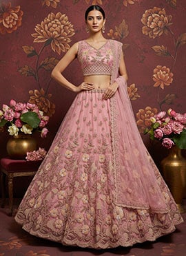 Pink Net Sequins Embroidered Zari Hand Work Thread Cutdana Umbrella Lehenga
