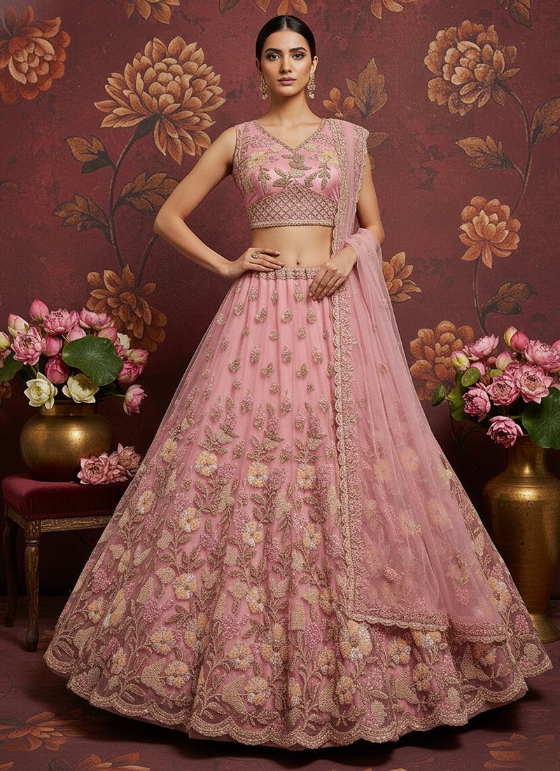 Pink Net Sequins Embroidered Zari Hand Work Thread Cutdana Umbrella Lehenga Wedding Wear