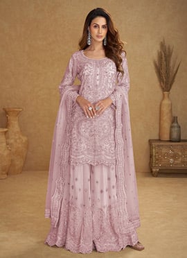 Pink Net Sequins Mirror Work Hand Embroidered Palazzo Suit