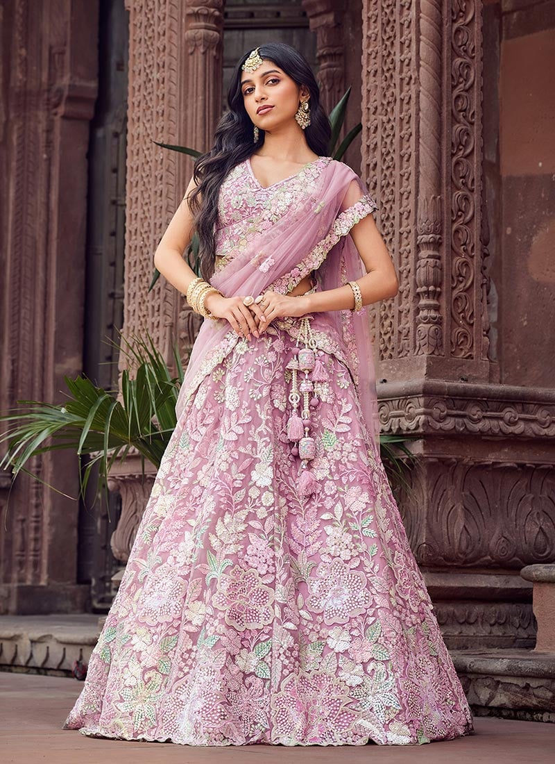 Pink Net Sequins Zari Embroidered With Stone Work Lehenga Wedding Wear