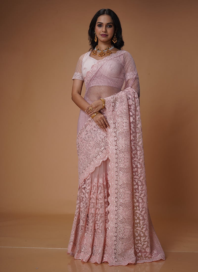 Pink Net Stone Sequins Enchanting Saree Wedding Wear