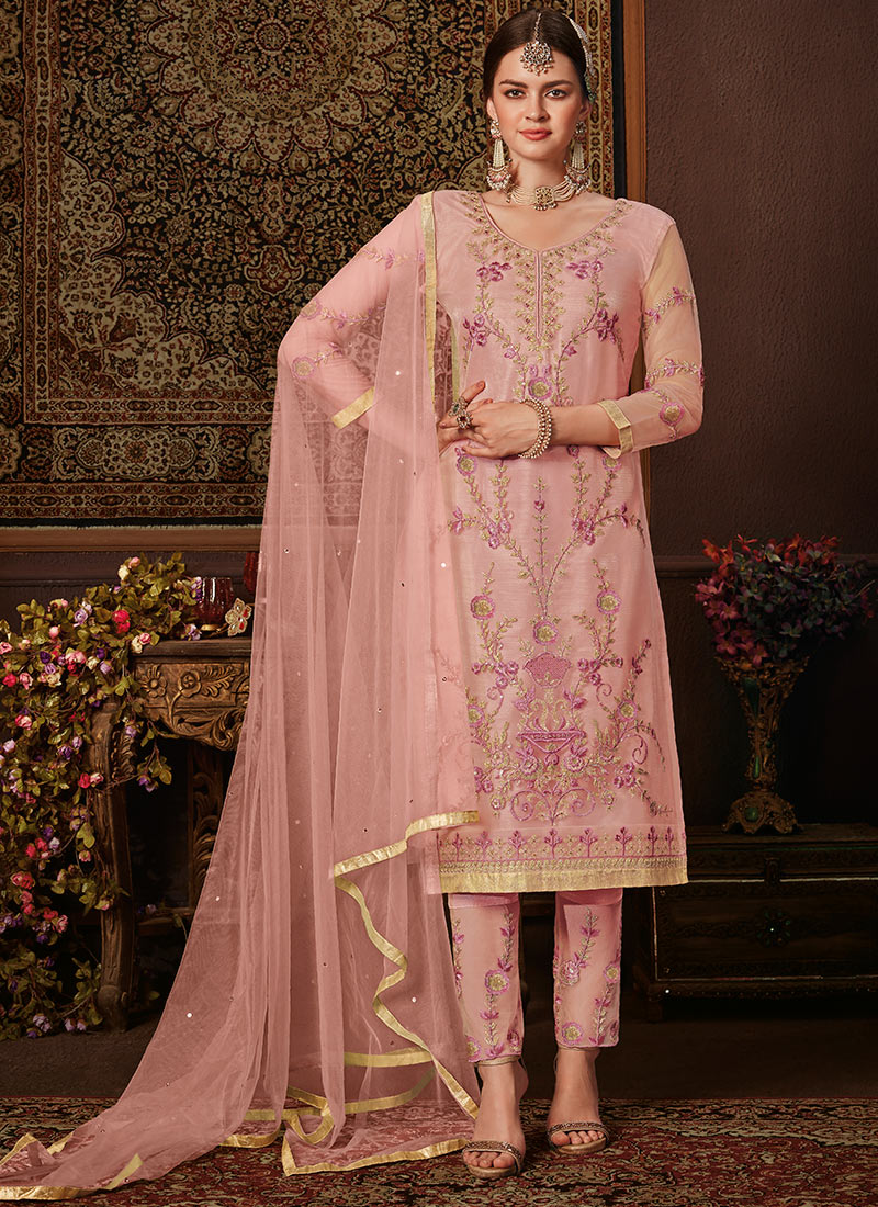 Buy Pink Net Straight Pant Suit, Embroidered, straight pant suit Online Shopping | SLSCCN8203