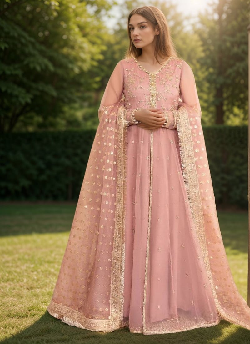 Pink Net Zari Zarkan Hand Embroidered And Mirror Work Anarkali Suit Festive Wear