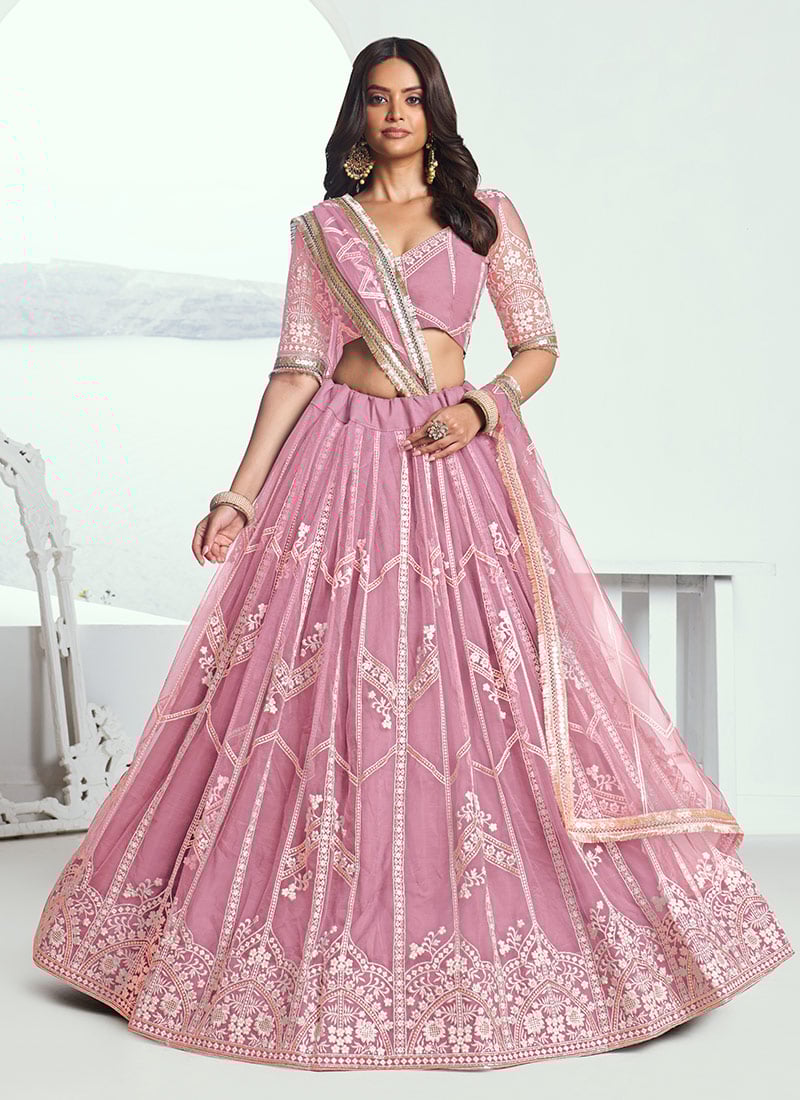 Pink Net Zari Embroidered Sequins Lehenga Wedding Wear