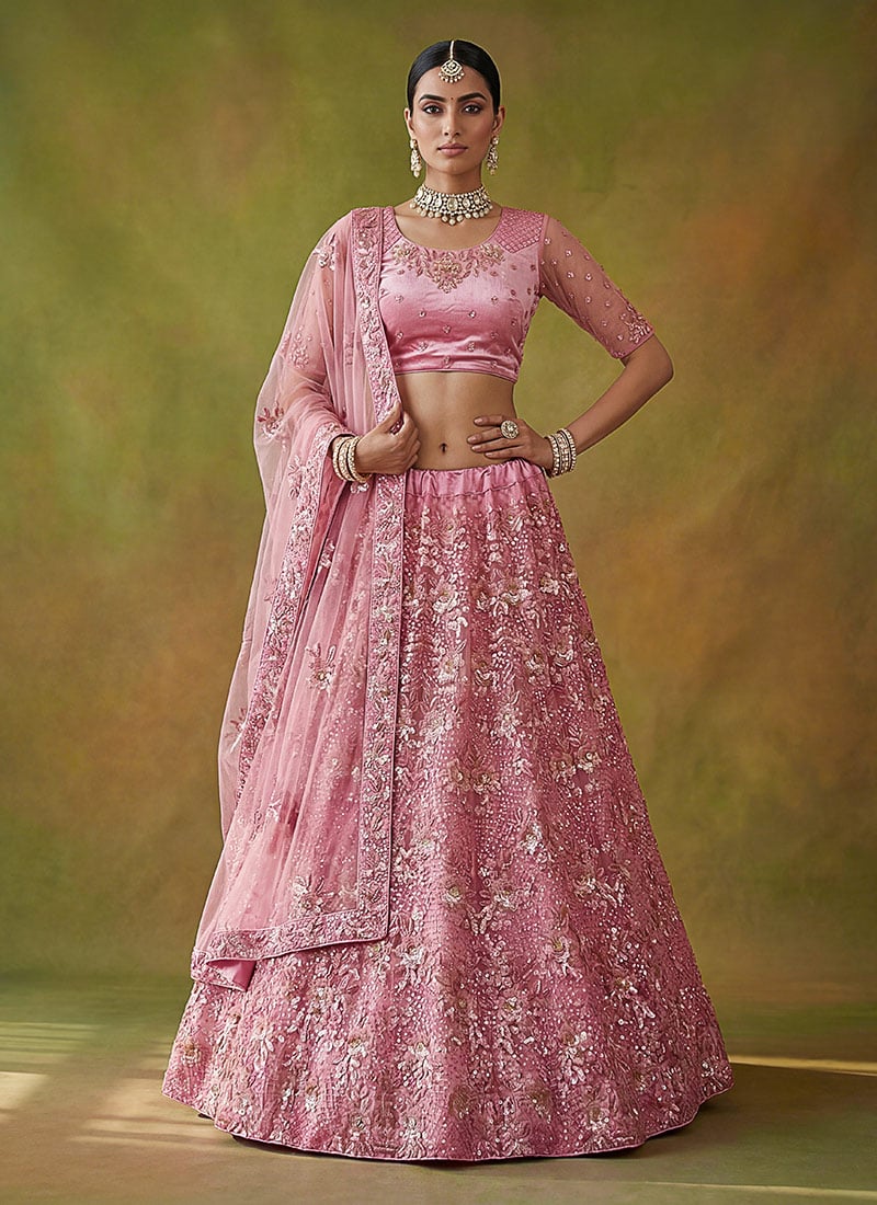 Pink Net Zari Embroidered Sequins Lehenga Wedding Wear