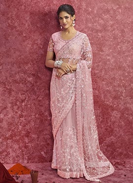 Pink Net Zari Embroidered Sequins Resham Saree
