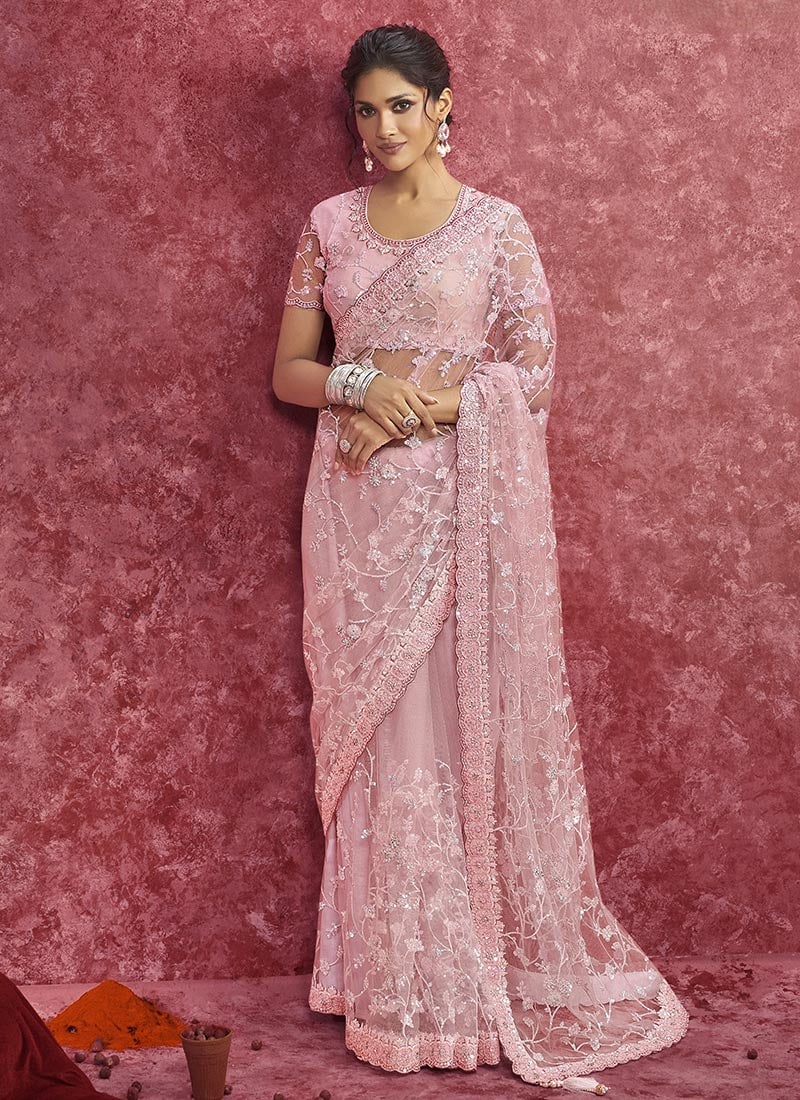 Pink Net Zari Embroidered Sequins Resham Saree Festive Wear