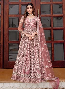 Pink Net Zari Embroidered Sequins Stone And Mirror Work Anarkali Suit