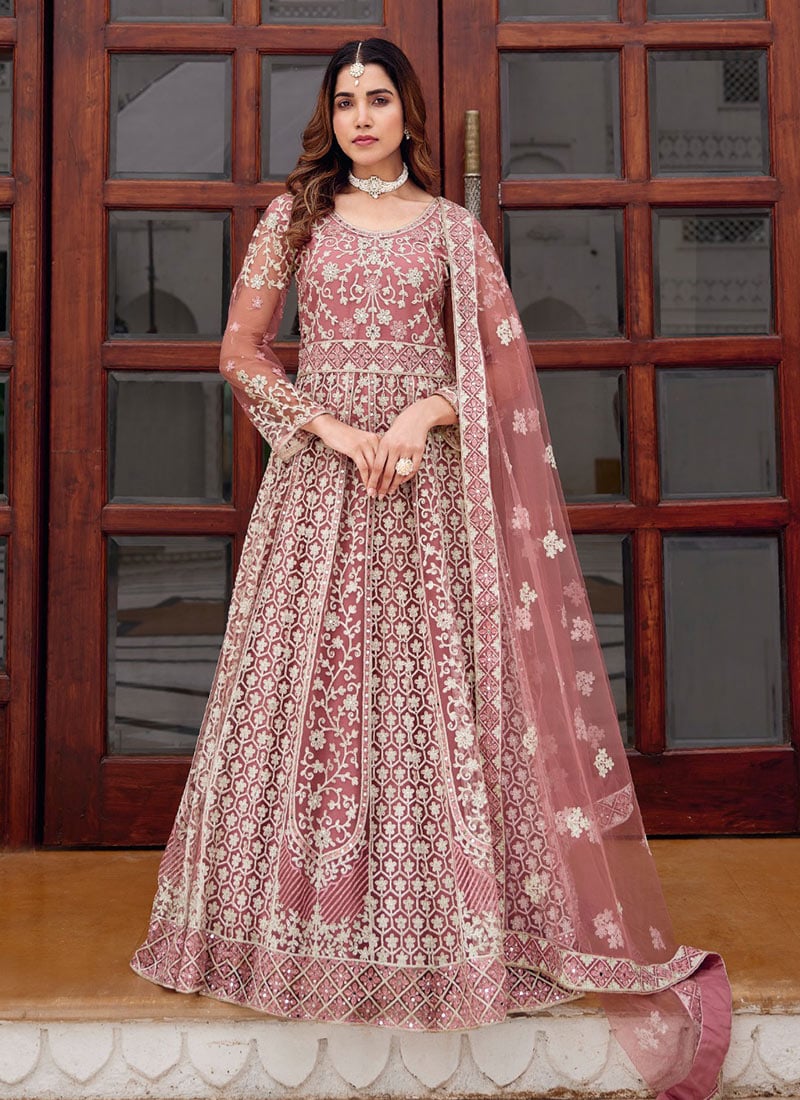 Pink Net Zari Embroidered Sequins Stone And Mirror Work Anarkali Suit Festive Wear