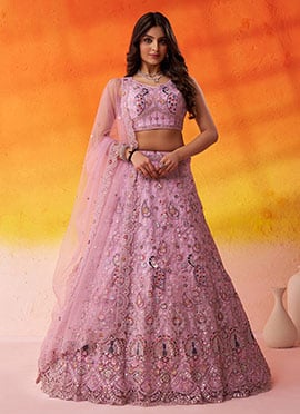 Pink Net Zari Embroidered Sequins With Beads Work Lehenga Wedding Wear