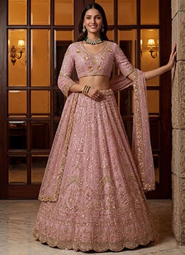 Pink Net Zari Embroidered Sequins With Stone Work Lehenga