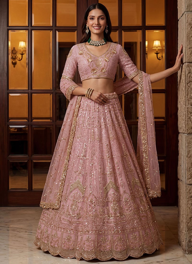 Pink Net Zari Embroidered Sequins With Stone Work Lehenga Wedding Wear
