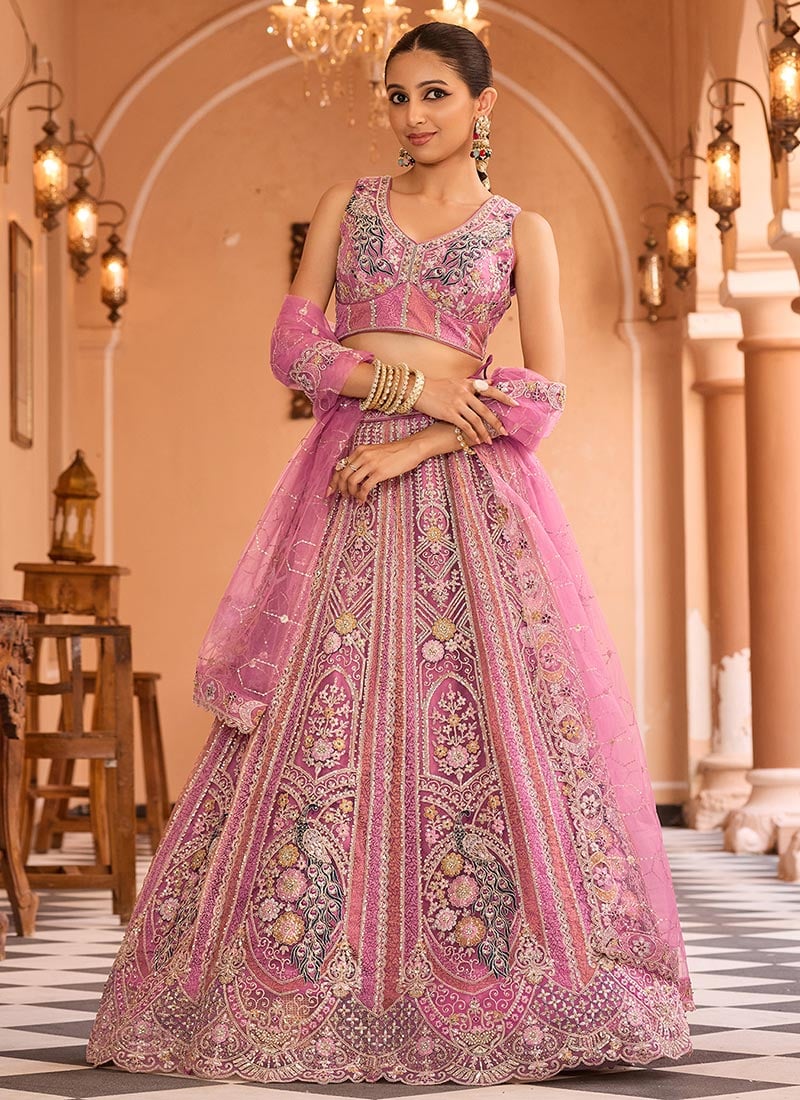 Pink Net Zari Embroidered Sequins With Stone Work Lehenga Wedding Wear