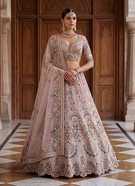 Pink Net Zari Embroidered Stones Sequins Cutdana Work Lehenga