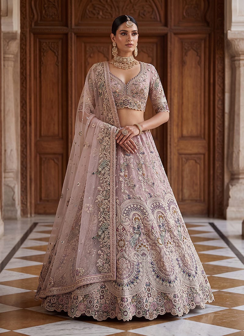 Pink Net Zari Embroidered Stones Sequins Cutdana Work Lehenga Wedding Wear