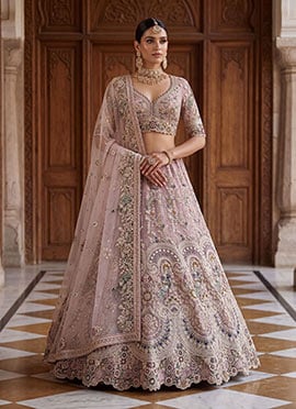 Pink Net Zari Hand Embroidered Sequins Classy Lehenga