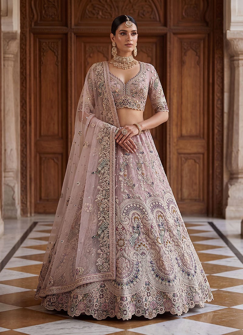 Pink Net Zari Hand Embroidered Sequins Classy Lehenga Wedding Wear