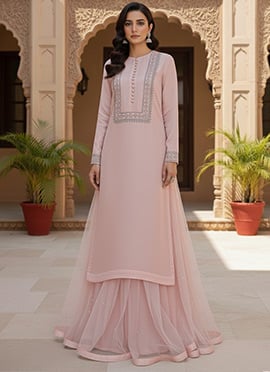 Pink Net Zari Sequins A Line Lehenga