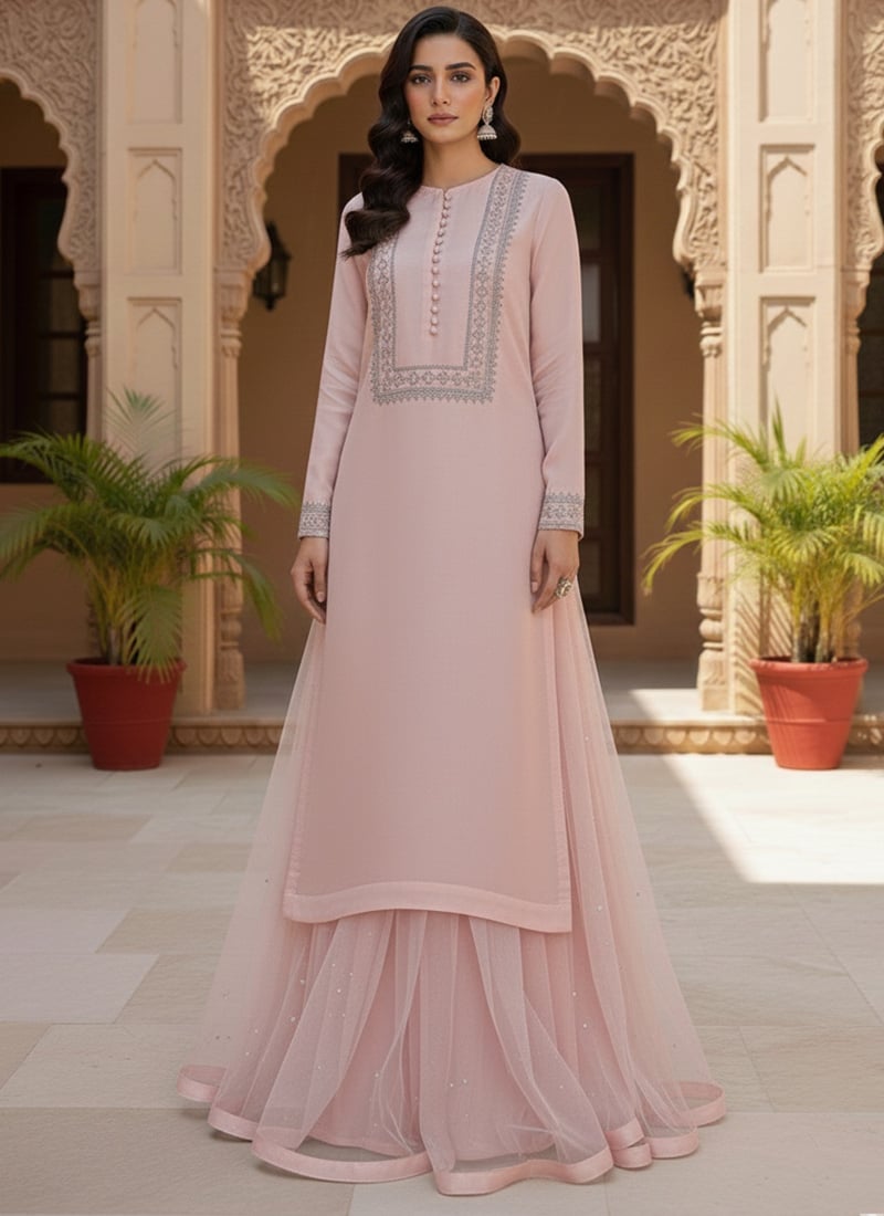 Pink Net Zari Sequins A Line Lehenga Festive Wear