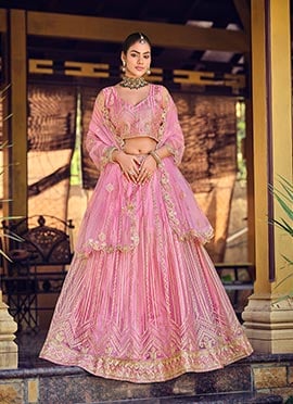 Pink Net Zari Sequins Embroidered Lehenga