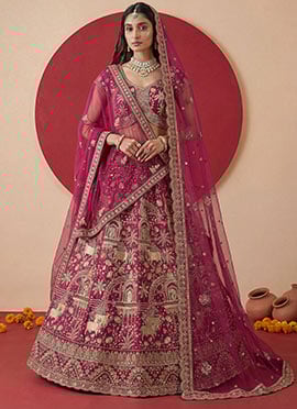 Pink Net Zari Sequins Embroidered Stones Thread A Line Lehenga