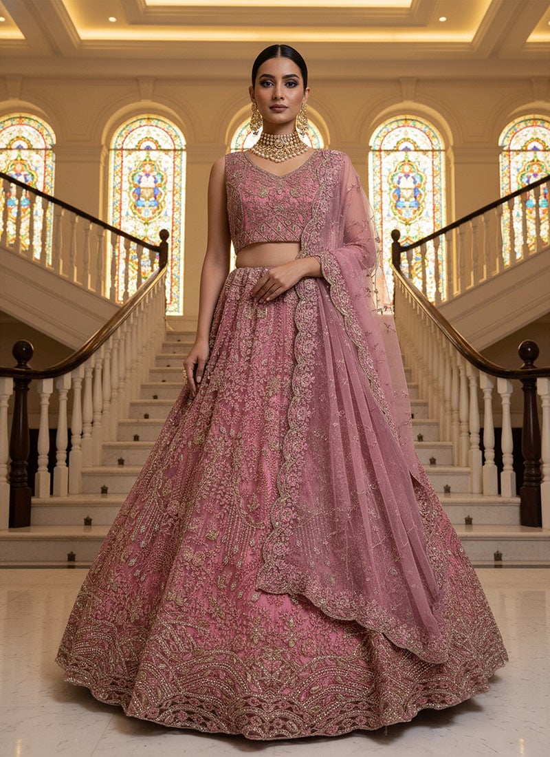 Pink Net Zari Sequins Embroidered Thread Zarkan Stones Umbrella Lehenga Wedding Wear