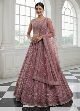 Pink Net Zari Sequins Embroidered Thread Zarkan Stones Umbrella Lehenga