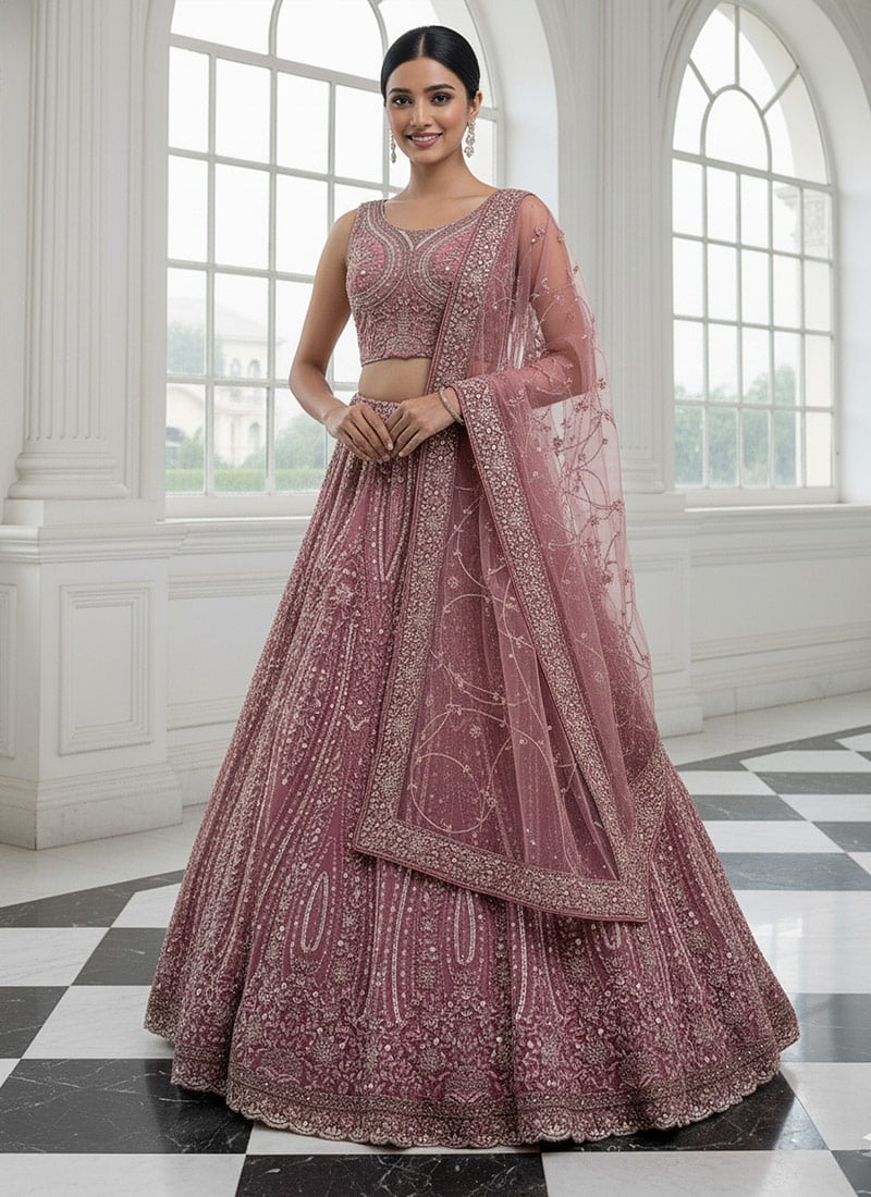 Pink Net Zari Sequins Embroidered Thread Zarkan Stones Umbrella Lehenga Wedding Wear