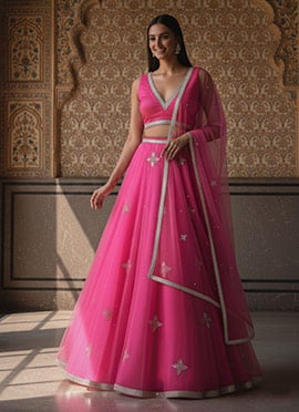 Pink Net Zari Sequins Lehenga