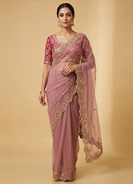 Pink Net Zari Sequins Saree