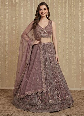 Pink Net Zari Sequins Stones Embroidered Umbrella Lehenga