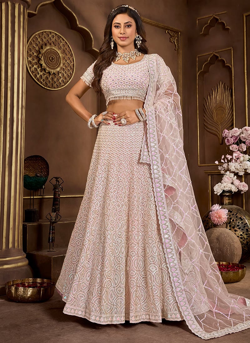 Pink Net Zari Thread Zarkan Embroidered Sequins Gorgeous Lehenga Wedding Wear