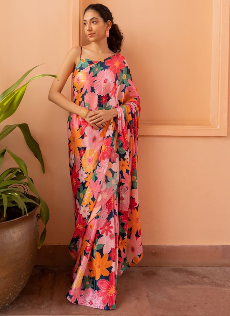 Pink Nylon Digital Floral Print Saree