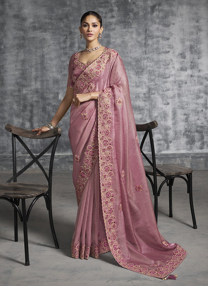Pink Nylon Satin Silk Resham Sequins Embroidered Stones Beads Zari Saree Wedding Wear