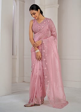 Pink Organza Applique With Sequins And Stone Work Saree Festive Wear