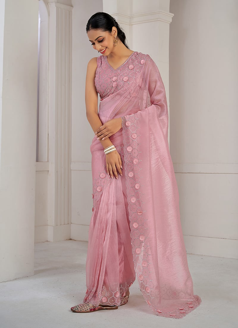Pink Organza Applique With Sequins And Stone Work Saree Festive Wear