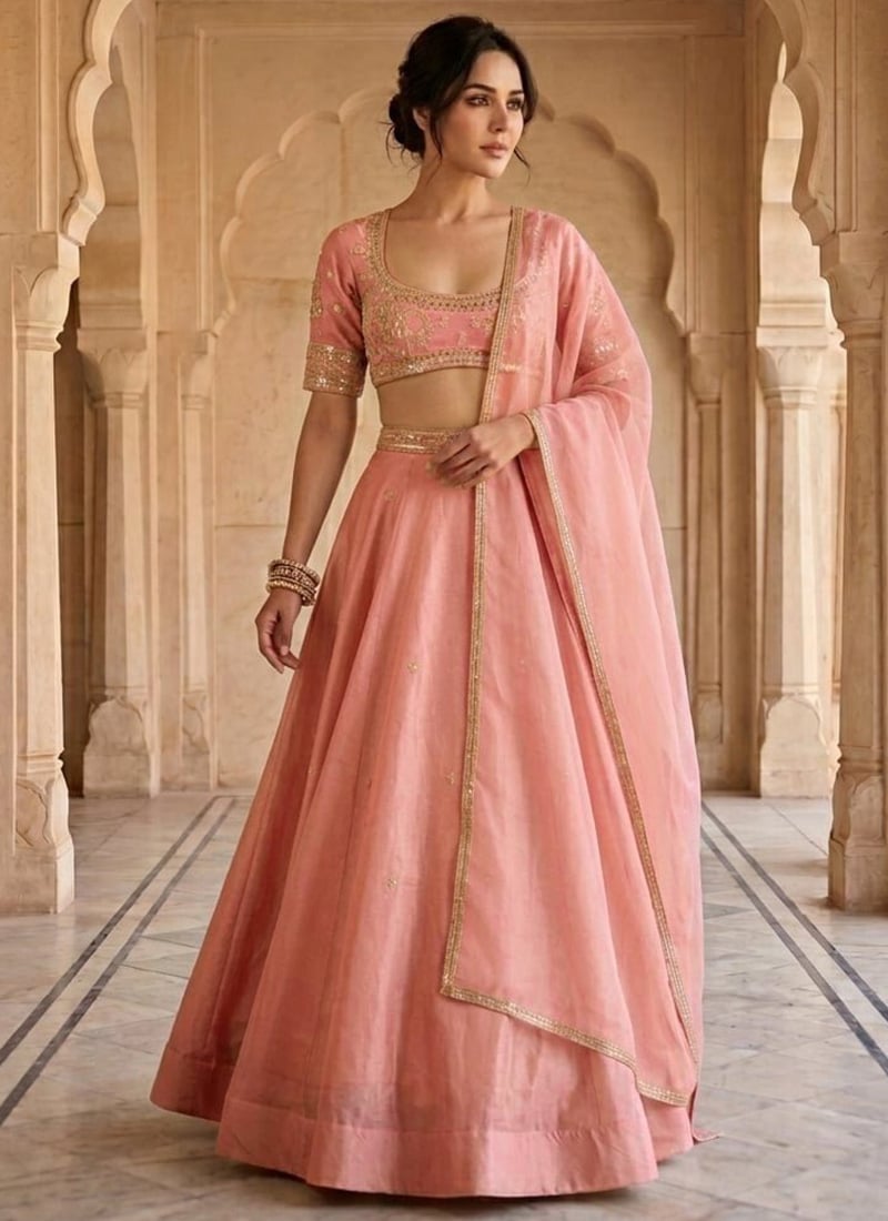Pink Organza Beads Stones Hand Embroidered Lehenga Wedding Wear