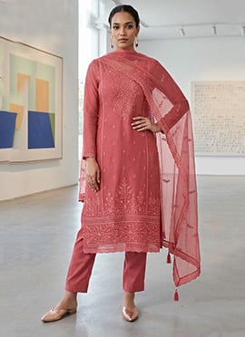 Pink Organza Chiffon Embroidered Straight Pant Suit