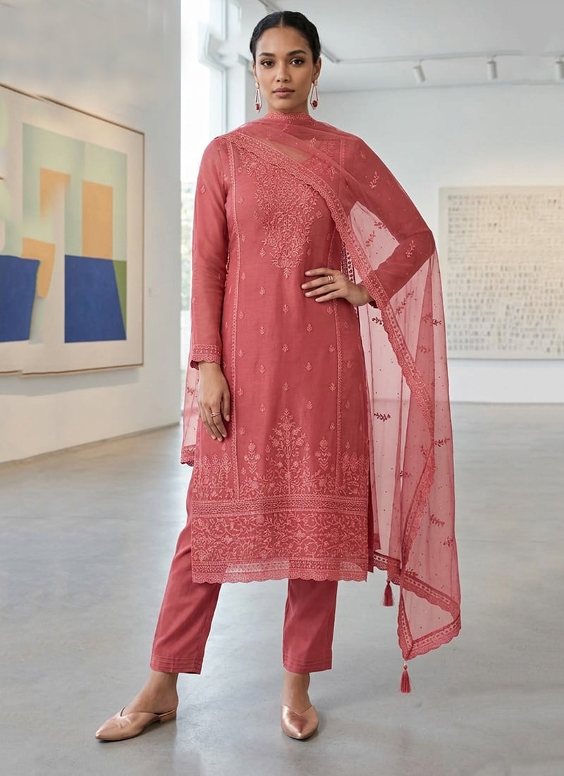 Pink Organza Chiffon Embroidered Straight Pant Suit Festive Wear
