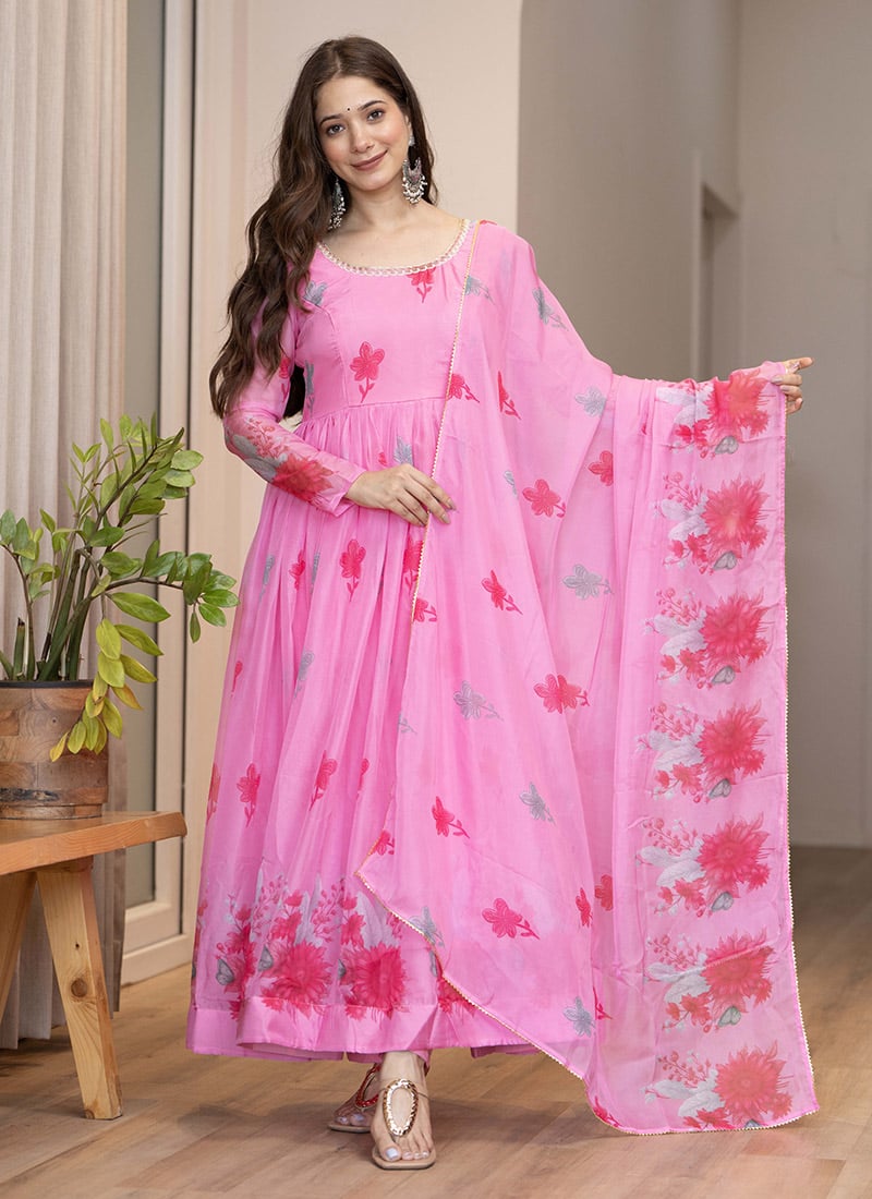 Pink Organza Digital Print Anarkali Suit Festive Wear
