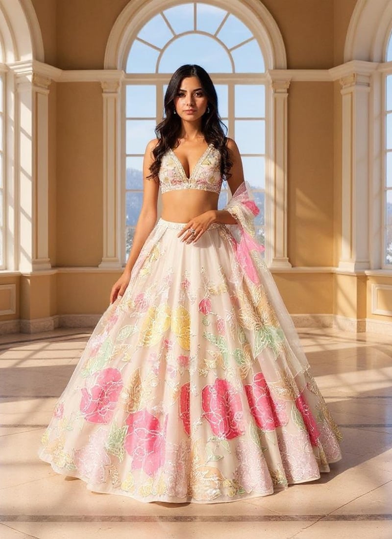 Light Pink Organza Digital Print Hand Embroidered Lehenga