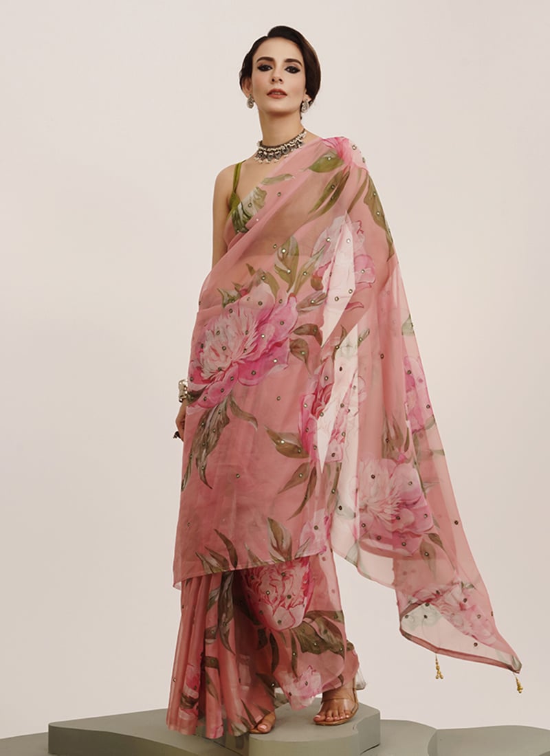 Pink Organza Digital Print Mirror Work Saree