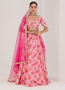 Pink Organza Digital Print Zardosi Hand Embroidered Sequins And Beads Work Lehenga