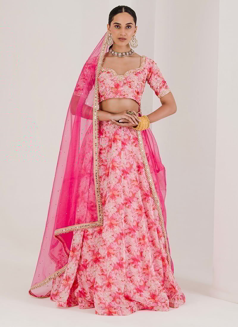 Pink Organza Digital Print Zardosi Hand Embroidered Sequins And Beads Work Lehenga Wedding Wear